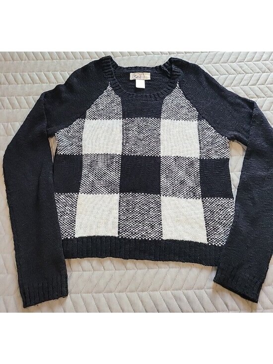 SO Sweaters - SO Junior Large Buffalo Plaid Sweater Black White Checkered Long Sleeve Knit Top